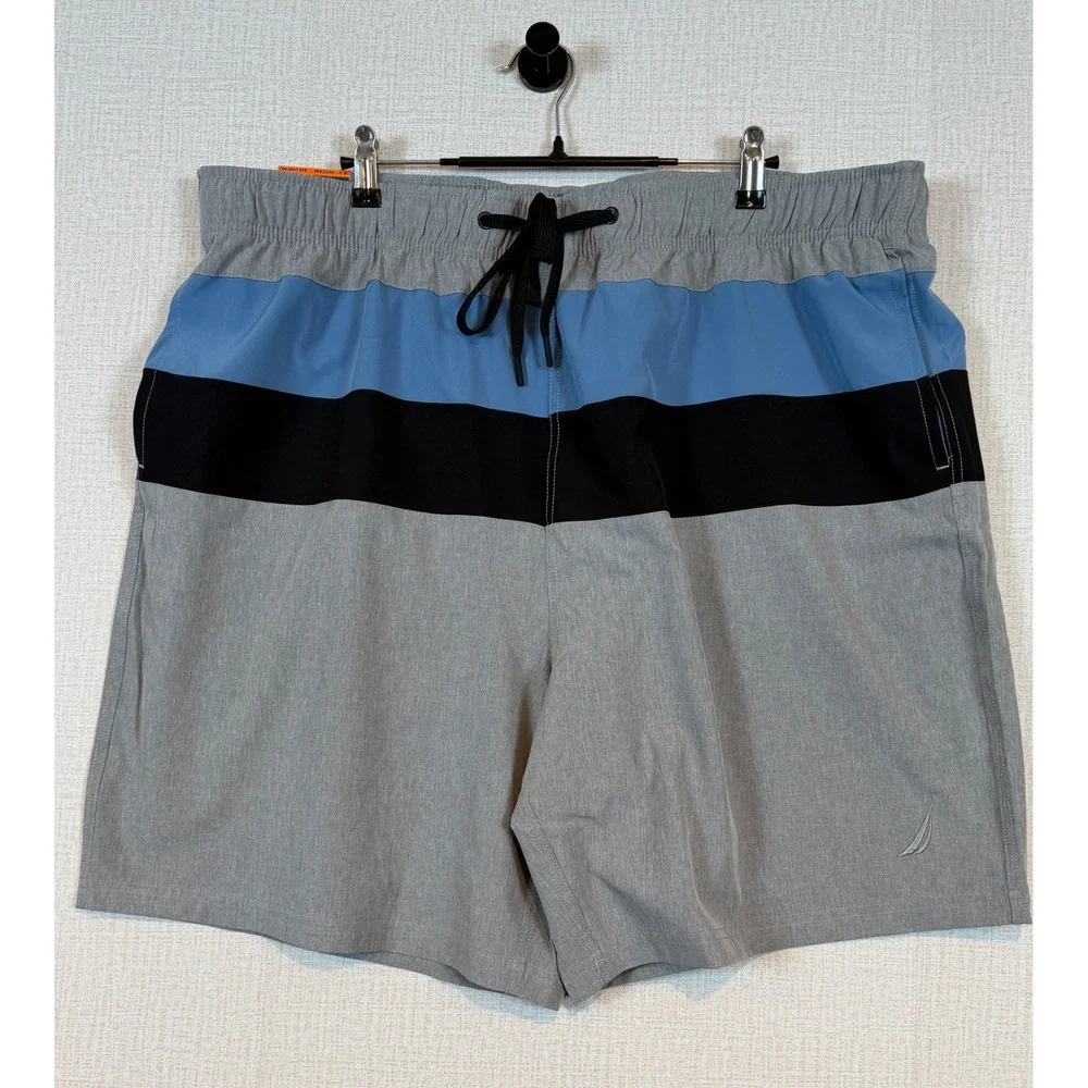NWT Nautica Mens Swim Trunks XXL Gray Blue Colorblock Summer Beachwear Surf